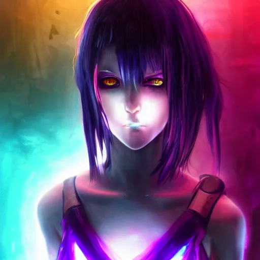 Image similar to colored pencil, anime cyberpunk dark fantasy gothic art, beautiful full body female cybernetically enhanced - angel, red blue purple black fade gradient hair, glowing red left eye and glowing blue right eye, cinematic lighting, advanced digital cyberpunk art, wlop, rossdraws sakimimichan, ilya kuvshinov, krenz cushart, greg rutkowski - c 1 0