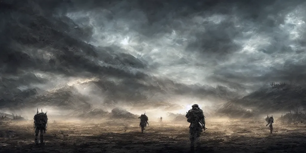 Image similar to the last war, concept art, deviantart, art station, landscape, cinematic lighting, hyper realistic painting