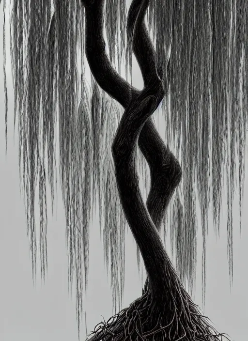 Image similar to weeping willow with black bark and silver leaves by stefan kostic, realistic, sharp focus, 8 k high definition, insanely detailed, intricate, elegant, art by stanley lau and artgerm, luis royo, foggy black background, fantasy