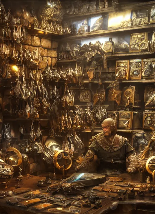 Prompt: legendary weapon seller in his store selling weapons, ultra detailed fantasy, elden ring, realistic, dnd, rpg, lotr game design fanart by concept art, behance hd, artstation, deviantart, global illumination radiating a glowing aura global illumination ray tracing hdr render in unreal engine 5