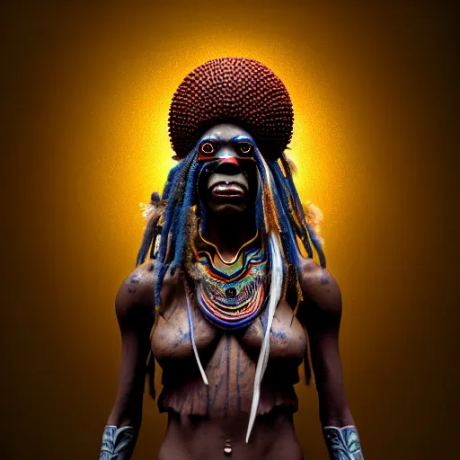 Image similar to a beautiful surreal illustration of haiti voodoo shaman, highly detailed, liquid oilpaint, doug chiang, gustave dore, leonardo da vinci, trending on artstation, industry, lucid and intricate, rectilinear, digital art, octane, redshift, vray, 8 k, 6 4 megapixels, zbrush central, behance hd, hypermaximalist, well rendered