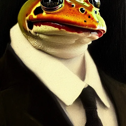 Image similar to portrait of mr. amazon milk frog looking off camera wearing a black suit jacket, tan vest, and white ascot, an american romanticism painting, a portrait painting, cgsociety, soft focus, oil on canvas