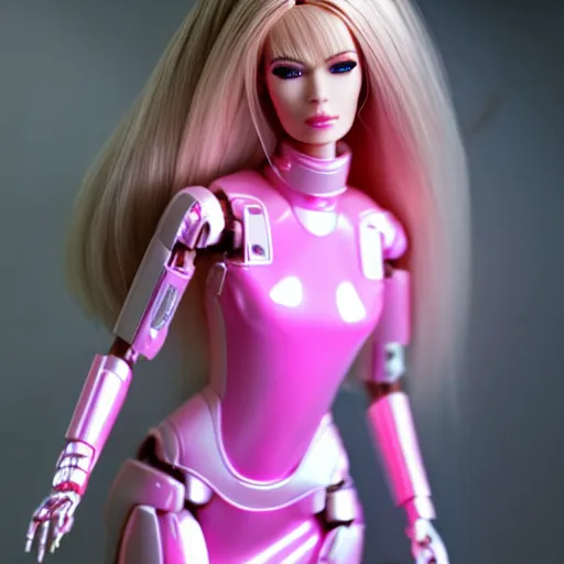 Prompt: cinematic, full shot, realistic cyberpunk barbie, blond hair brown skin, barbie cyborg, perfect face, perfect body, plastic skin, mattel, pink latex short dress with led, ghost in the shell, hajime sorayama, h 7 6 8