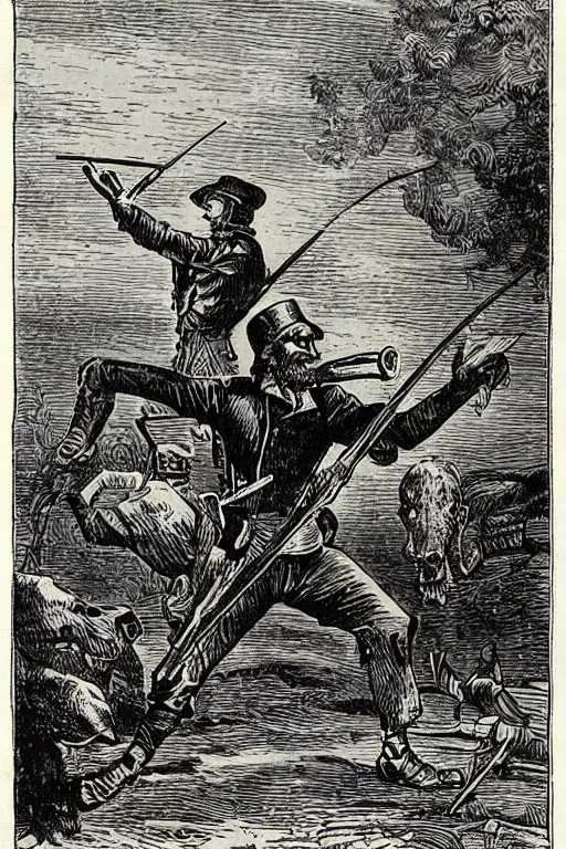 Image similar to 19th century wood-engraving of a British man point a musket at the back standing with his back turned to the viewer, mammoth running away in the background, whole page illustration from Jules Verne book, art by Édouard Riou Jules Férat and Henri de Montaut, high quality, beautiful, removed watermarks