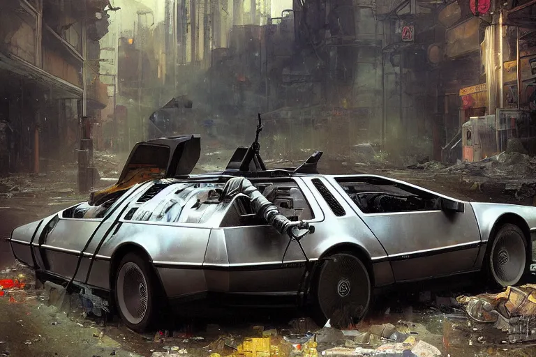 Image similar to photograph of the delorean driving down the streets of a cyberpunk abandoned city, by greg rutkowski, by stanley artgerm, by alphonse mucha