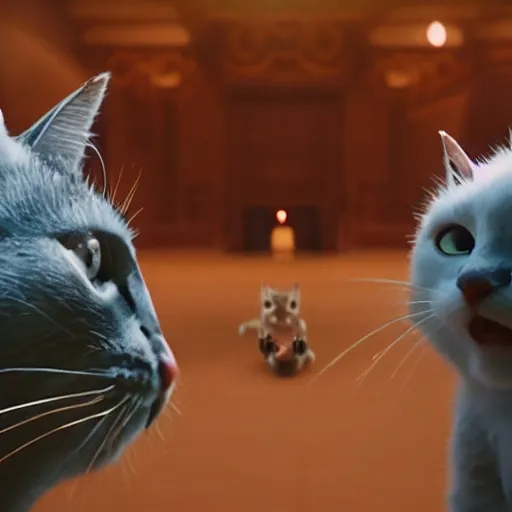 Image similar to a cinematic fill still from a 2015 movie where anthropomorphic cats battle with aliens, in the style of Quentin Tarantino, shallow depth of focus