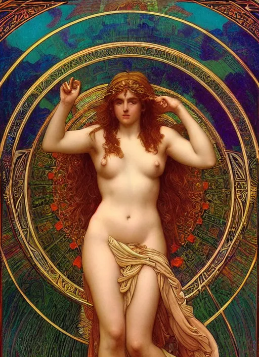 Image similar to aphrodite in paradiso. sacred geometry. clouds. sun rays. bliss. enlightenment. ascension. gustave dore. dappled light. cinematic lighting. in the art style of mucha