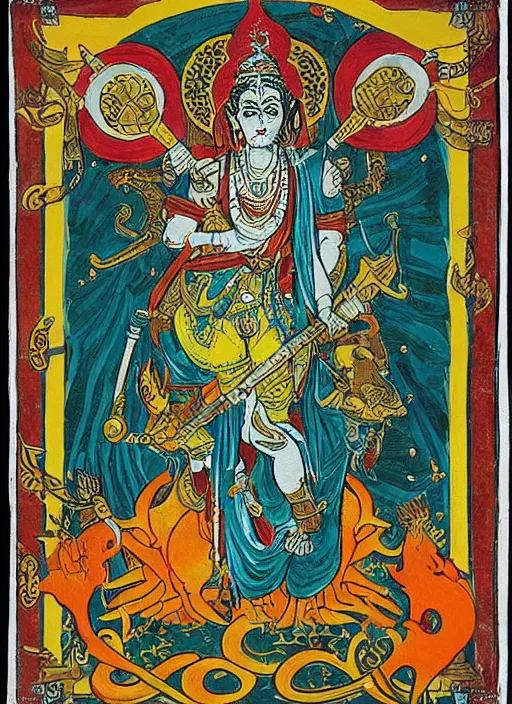 Prompt: kali - durga with a hammer and sickle and in the forehead the star burns : ivan bilibin