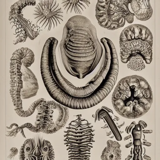 Prompt: bicephal worms, anatomical board, Ernst Haeckel, x-ray, MRI