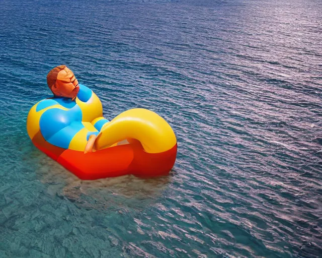 Prompt: a giant sculpture made out of inflatable pool toys in a human head shape, on the surface of the ocean, in the style of chad knight, long shot, hyper detailed, hyper realistic, ray tracing, 8 k resolution, sharp focus, realistic water, award winning sculpture