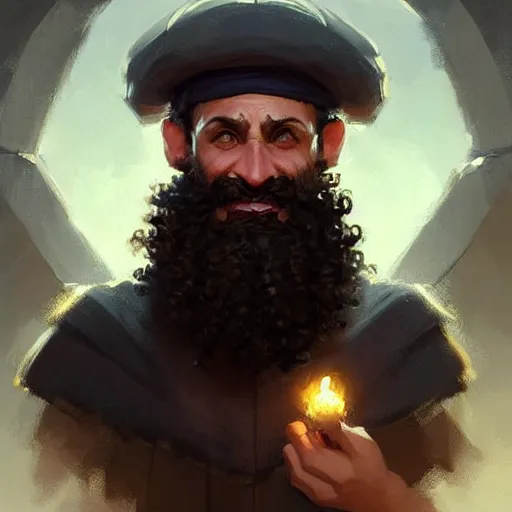 Image similar to a happy merchant jew wearing kippah!!!, rubbing hands!!!, evil, tricky, black curly beard, black curly hair, black eyes, hooked nose, by greg rutkowski, artstation, by artgerm, by wlop