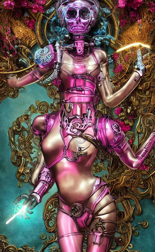 Prompt: a young beautiful latina metal and ceramic android with a large glowing pink crystal in the center of her chest, full-body bronze cyberpunk style statue of Andromeda with glowing green laser eyes, crown of mechanical chrysanthemums, flowing aqua silk, fabric, steampunk flowers. baroque elements, human skull. full-length view. baroque element. intricate artwork by caravaggio. many flying horses on background. Trending on artstation, octane render, cinematic lighting from the right, hyper realism, octane render, 8k, depth of field, 3D