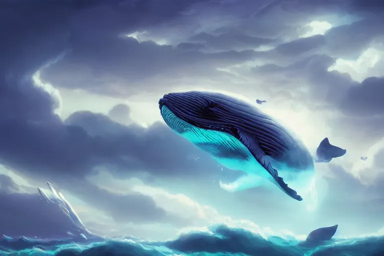 Image similar to whale flying through clouds, cinematic lighting, bioluminescent, dan mumford, greg rutkowski, octane render, artstation, concept art, fantasy