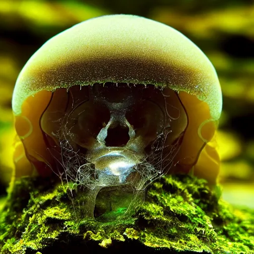 Prompt: mossy human jellyfish skull being reclaimed by nature, macro photography, 1:1 magnification, 15mm f/4, vibrant, colorful