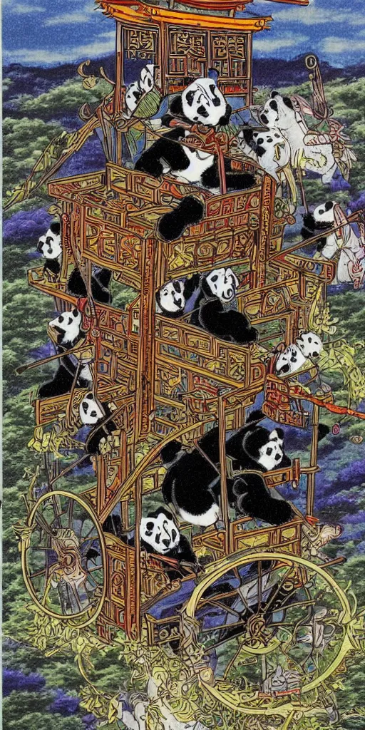 Image similar to a chariot drawn by pandas in japan, 1990s anime, full color, tarot card the chariot, highly detailed