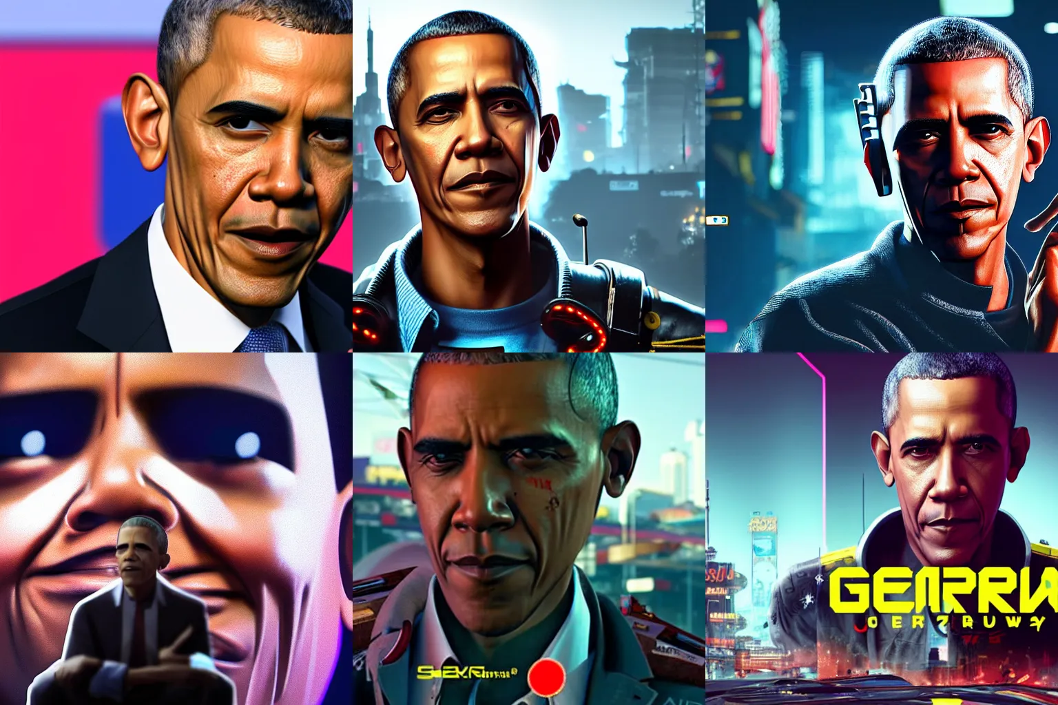 Prompt: close-up of Obama with googly eyes, while sitting on streets of Cyberpunk 2077