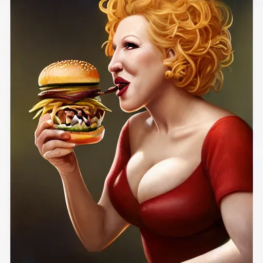 Prompt: portrait of bette midler eating hamburgers, extra onions and ketchup, luscious patty with sesame seeds, feminine ethereal, handsome, d & d, fantasy, intricate, elegant, highly detailed, digital painting, artstation, concept art, matte, sharp focus, illustration, art by artgerm and greg rutkowski and alphonse mucha