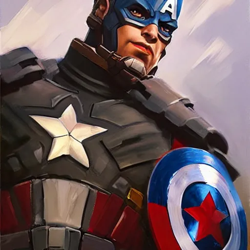 Image similar to greg manchess portrait painting of heavily armored captain america as overwatch character, totally whack, medium shot, asymmetrical, profile picture, organic painting, sunny day, matte painting, bold shapes, hard edges, street art, trending on artstation, by huang guangjian and gil elvgren and sachin teng