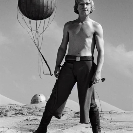 Prompt: young patrick stewart with wavy blond hair as luke skywalker on tatooine