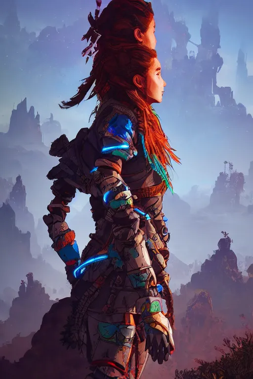 Image similar to combination suit armor aloy horizon forbidden west horizon zero dawn radiating a glowing aura global illumination ray tracing hdr fanart arstation by ian pesty and alena aenami artworks in 4 k tribal robot ninja mask helmet backpack