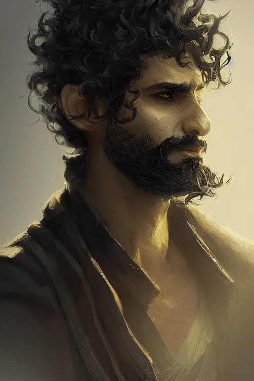 Image similar to Arab man light beard, curly hair, swordsman, modern, hero, yellow and charcoal leather, highly detailed, digital painting, artstation, concept art, sharp focus, illustration, by greg rutkowski