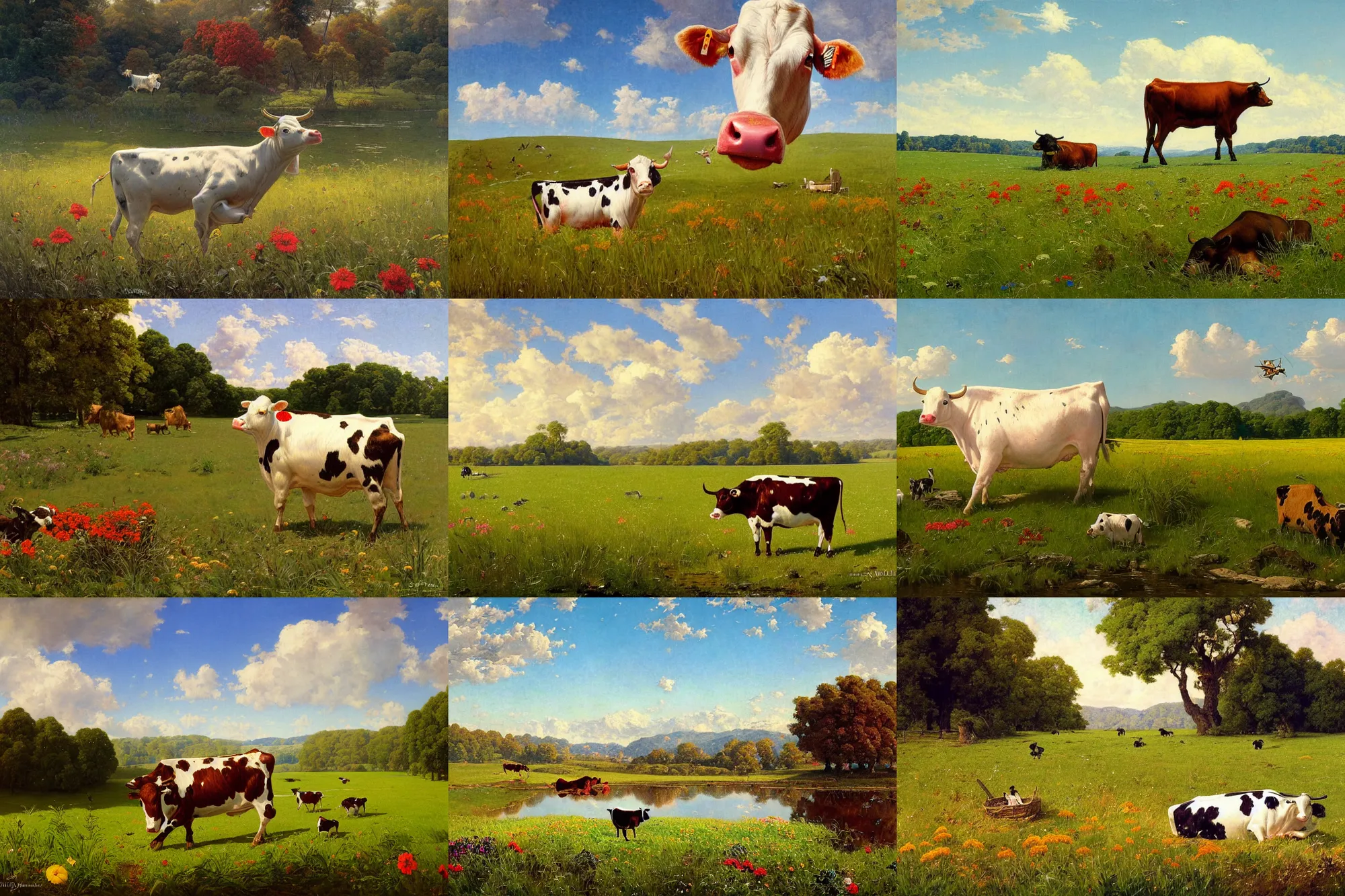 Prompt: highly detailed photo of a floating cow floating above a beautiful meadow, scenic colorful environment, hyperrealistic illustration by william didier - pouget and norman rockwell