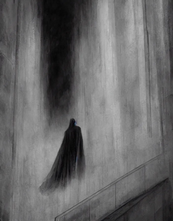 Prompt: a figure shrouded in a long trailing dark grey opaque gown, descending a giant marble staircase in a dark room, photorealism, hyperrealism, harsh lighting, dramatic lighting, medium shot, serious, gloomy, foreboding, cinematic