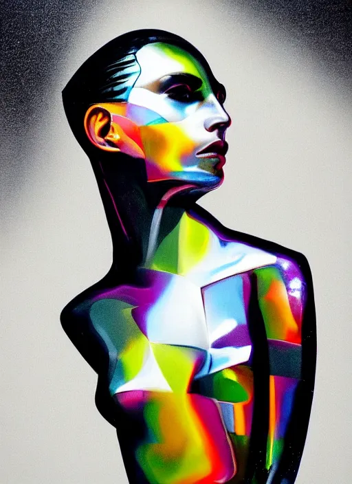 Prompt: futuristic lasers tracing, colorsmoke, fullbodysuit, pyramid hoodvisor, raindrops, wet, oiled, beautiful cyborg girl, by steven meisel, kaws, rolf armstrong, mondrian, hannah af klint perfect pattern geometry abstract acrylic, octane hyperrealism photorealistic airbrush collage painting, monochrome, fluorescent colors, minimalist rule of thirds, eighties eros