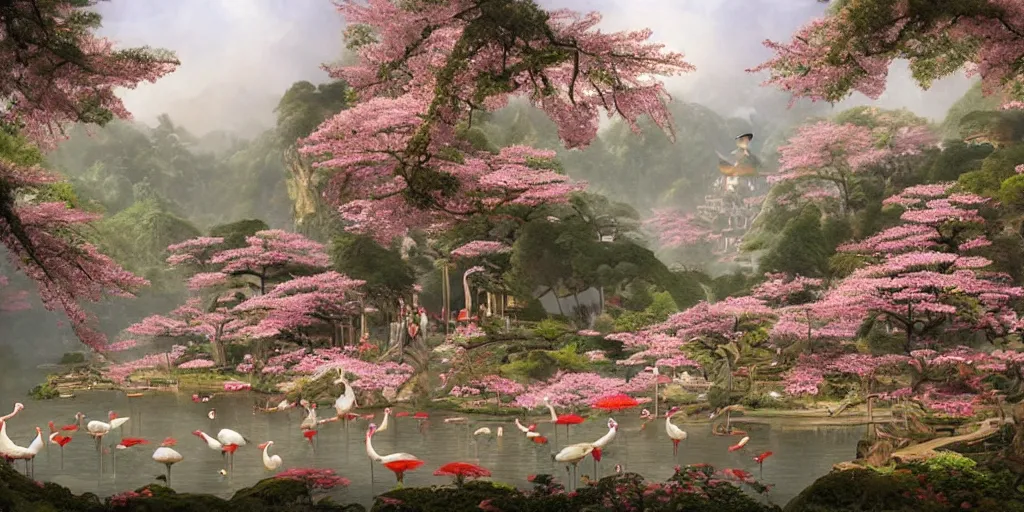 Image similar to it is a paradise with ancient chinese characteristics. it has a high degree of fantasy. cherry blossom forest, there are pavilions in the air, koi jumping in the air, and fairy birds and animals such as cranes and deer coexist with people. it is the life scene of the ancient people, a detailed matte painting by christophe vacher and albert bierstadt