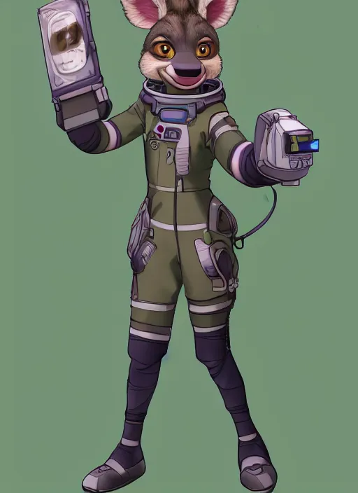 Image similar to digital detailed full body of anthromorphic female hyena, in style of zootopia, zootopia, zootopia, fursona, furry, furaffinity, 4 k, deviantart, furry art, fursona art, wearing astronaut outfit, in style of zootopia, hyena fursona, cyberpunk, female, stylized face,