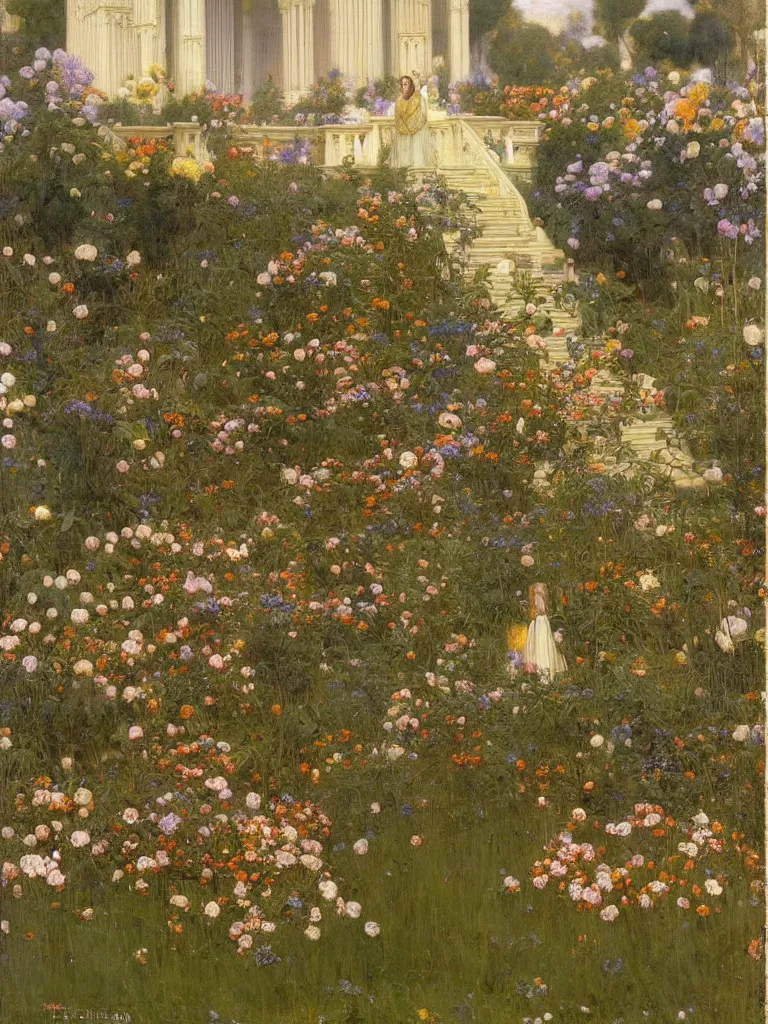 Prompt: the grand temple of flowers, by thomas cooper gotch and frederick arthur bridgman. pre raphaelite, art nouveau, fantasy architecture, symmetry