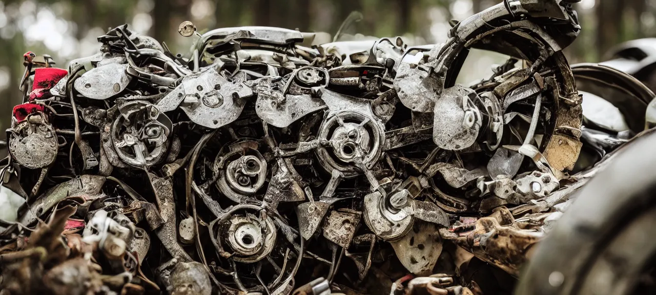 Image similar to closeup of a flower made up of automobile parts in a forest with rain