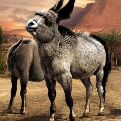 Image similar to donkey sitting on benjamin netanyahu picture, photorealistic, detailed, photograph