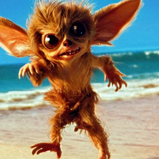 Image similar to gizmo from gremlins running through the surf on a beach