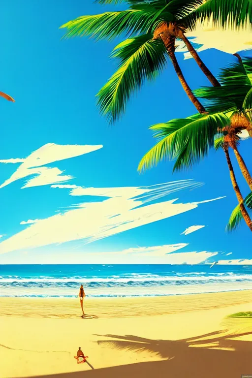Prompt: beach, ocean, palm trees, sunshine, first person view, scenery wallpaper aesthetic, beautiful, cinematic, dramatic, super detailed and intricate, hyper realistic, 4 k render, by koson ohara, by darwyn cooke,
