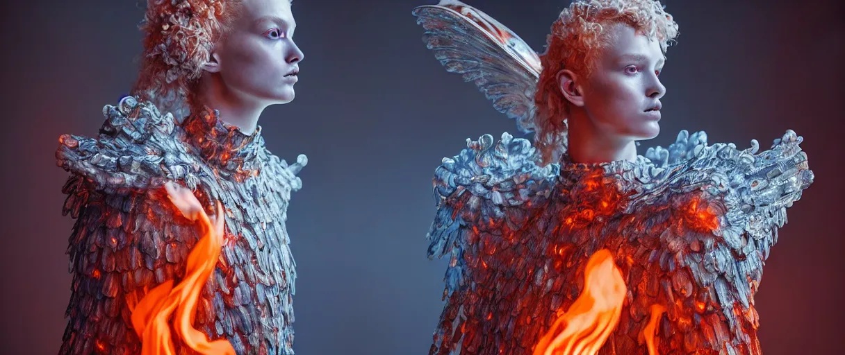 Prompt: hyperrealist highly detailed english medieval portrait of high fashion archangel wearing flame fire smoke flame armor, radiating atomic neon corals, veiny network growth with ghostly ghost translucent ghost armor, concept art pascal blanche dramatic studio lighting 8k wide angle shallow depth of field