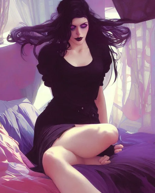 Image similar to emily rajtkowski, goth, posing, vaporwave, modern bedroom!!!!!, highly detailed, digital painting, artstation, concept art, smooth, sharp focus, illustration, art by artgerm and greg rutkowski and alphonse mucha