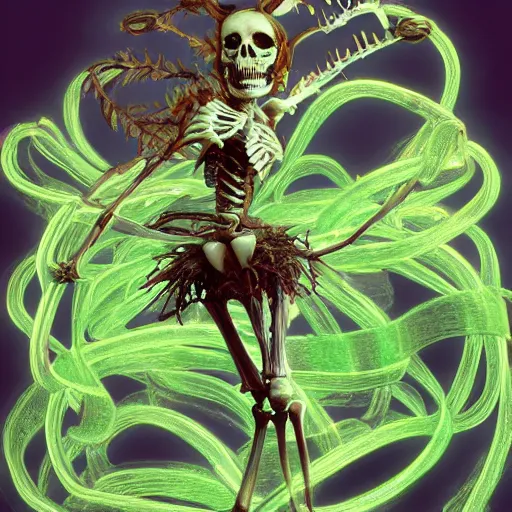 Prompt: the skeleton of a fairy is ribbon dancing on a thorny vine. the ribbon is neon green, detailed, by frank frazetta, simon bisley, brom, concept art, octane render, unreal engine 5, highly detailed, high quality, 8 k, soft lighting, realistic face, path traced