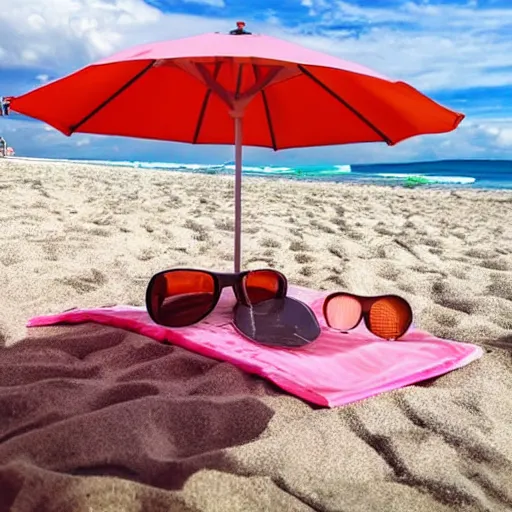 Prompt: a whole Grapefruit wearing sunglasses and relaxing on the beach, A sun umbrella is beside it