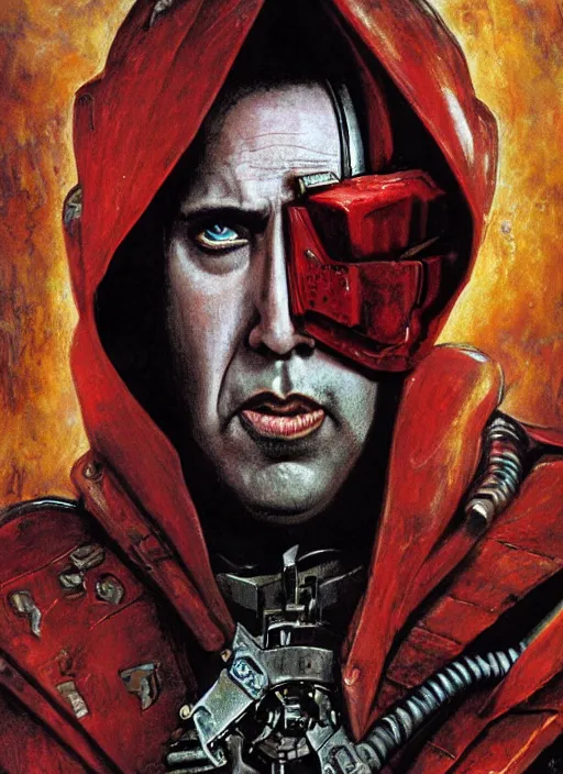 Image similar to portrait of rotten Nicolas Cage as adeptus mechanicus in red hood and robe from Warhammer 40000. Highly detailed, artstation, illustration by and John Blanche and zdislav beksinski and wayne barlowe and Gustav Klimt