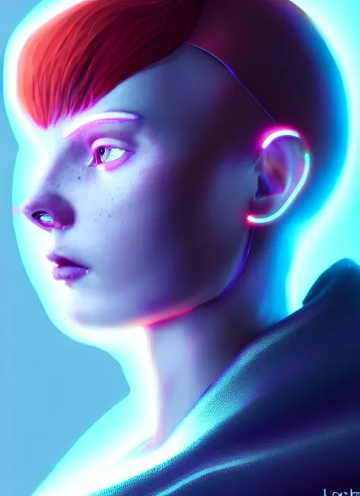 Prompt: an extremely beautiful redhead scandinavian female humanoid with freckled cheeks, cyber neon lighting, by loish, d & d, fantasy, futurism, cyberpunk fashion clothes, elegant profile posing, perfect anatomy, hyper photorealistic, digital photography, artstation, pinterest, concept art, art by pascal blanche and greg rutkowski,