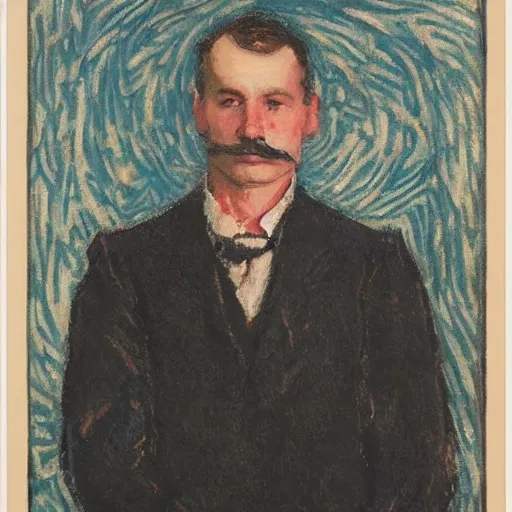 Image similar to youtube accurate, emotive by ray donley, by willard metcalf. a print of a suit. the man's eyes are closed & he has a serene, content look on his face. his arms are crossed in front of him & is floating in space. background is swirling with geometric shapes & patterns.