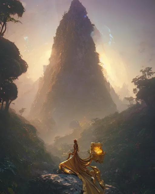 Prompt: queen of pyrite, citrine, tiara. intricate environment, art by craig mullins, rossdraws, thomas kinkade, krenz cushart, ilya kuvshinov, peter mohrbacher, greg rutkowski. unreal engine 5, blender, octane, ray tracing, dramatic studio lighting, sharp focus, masterpiece, post processing