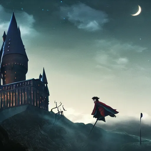 Image similar to Harry potter riding a broomstick, back view, cinematic shot, movie still, nighttime, motion lines, photorealistic, intense scene, visually coherent, symmetry, rule of thirds, movement, vivid colors, crescent moon, Tooth Wu, Asher Duran, Greg Rutkowski, Minor Blur, 8k