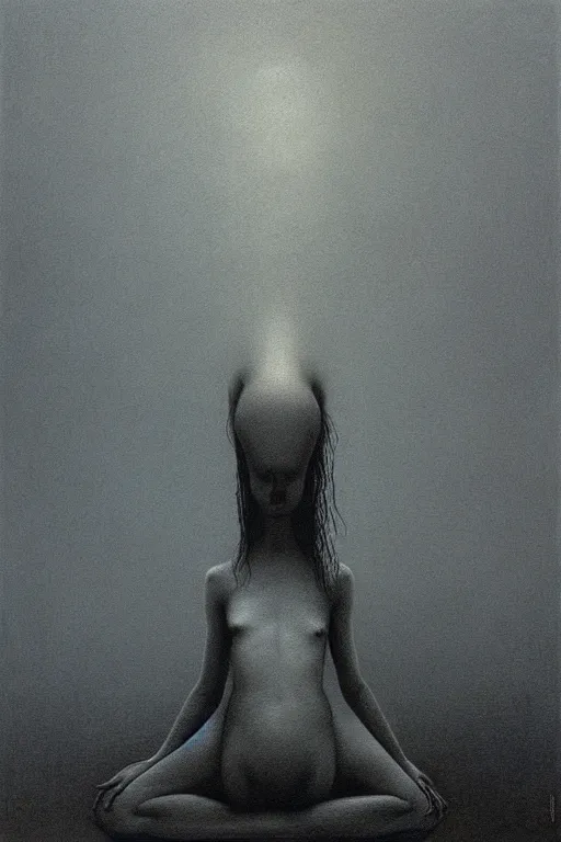 Image similar to existential crisis by Zdzisław Beksiński, intrincate, detailed, moody, dark, oppressive