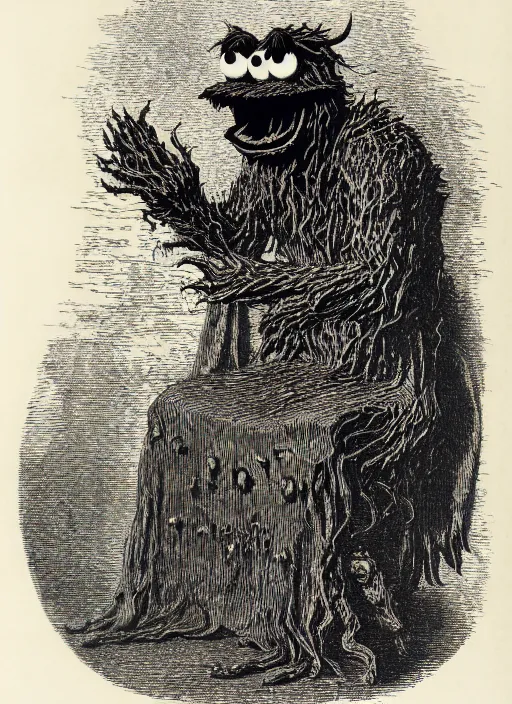 Prompt: cookie monster sitting on a throne, demon from the dictionarre infernal, etching by louis le breton, 1 8 6 9, 1 2 0 0 dpi scan, ultrasharp detail, clean scan