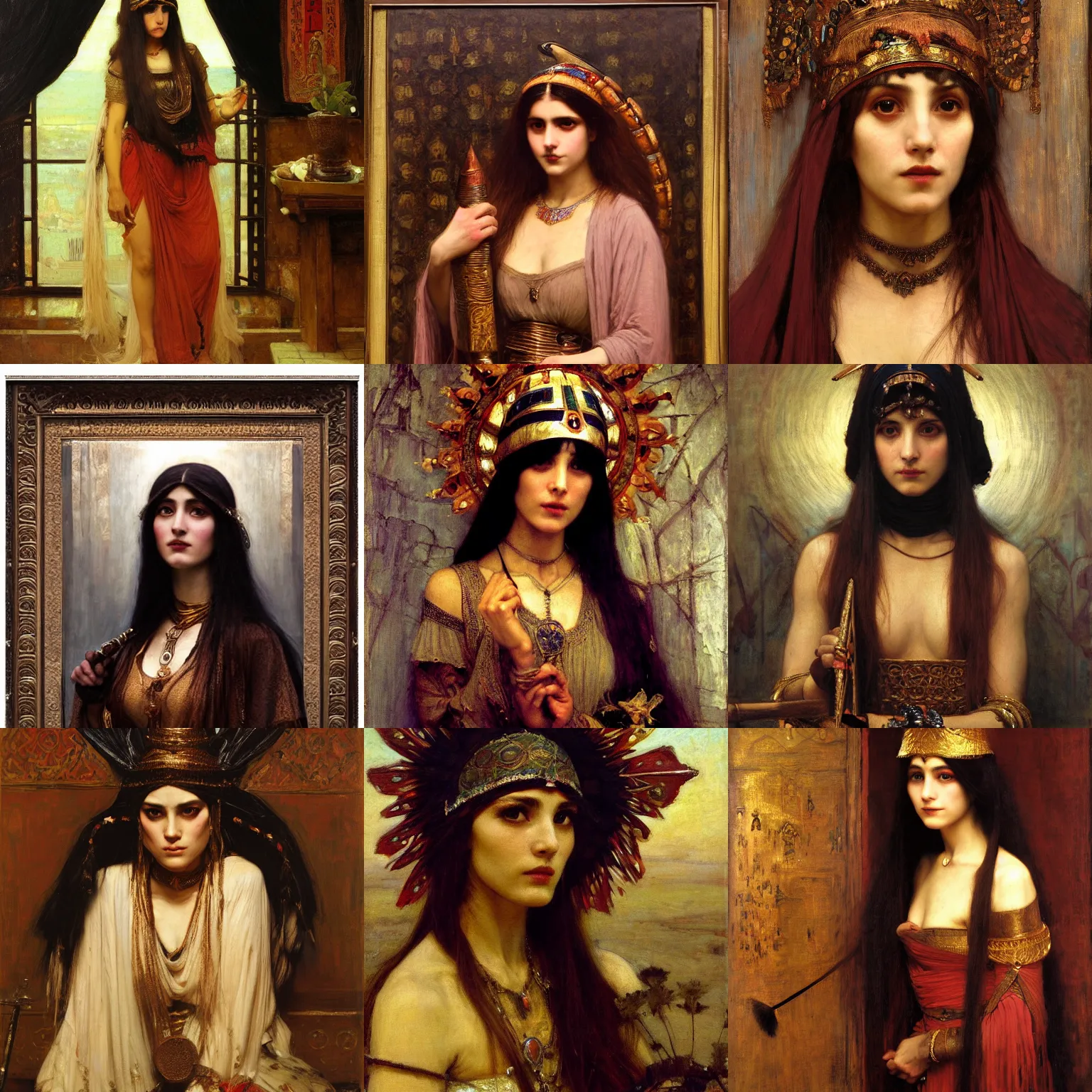 Prompt: orientalist painting of a witch wearing a bronze headdress intricate portrait by john william waterhouse and Edwin Longsden Long and Theodore Ralli and Nasreddine Dinet, oil on canvas. Cinematic, hyper realism, dramatic lighting, high detail 8k