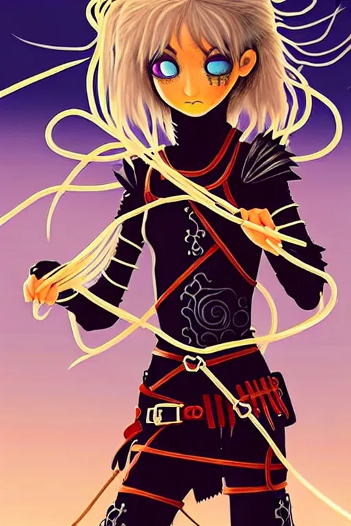 Image similar to A cute spaghetti-girl thief protagonist with leather-strap-armor and ninja weapons is exploring the tenth reality. A highly detailed fantasy character in the style of Tim Burton