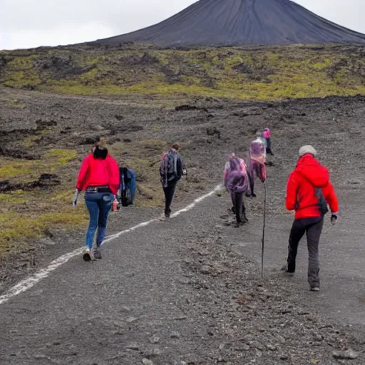 Prompt: photograph of people wearing jeans hiking to a volcano eruption in reykjanes