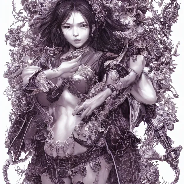 Image similar to the portrait of chaotic evil female necromancer mastermind as absurdly beautiful, gorgeous, elegant, cute young gravure idol, an ultrafine hyperdetailed illustration by kim jung gi, irakli nadar, intricate linework, bright colors, octopath traveler, final fantasy, unreal engine 5 highly rendered, global illumination, radiant light, detailed and intricate environment